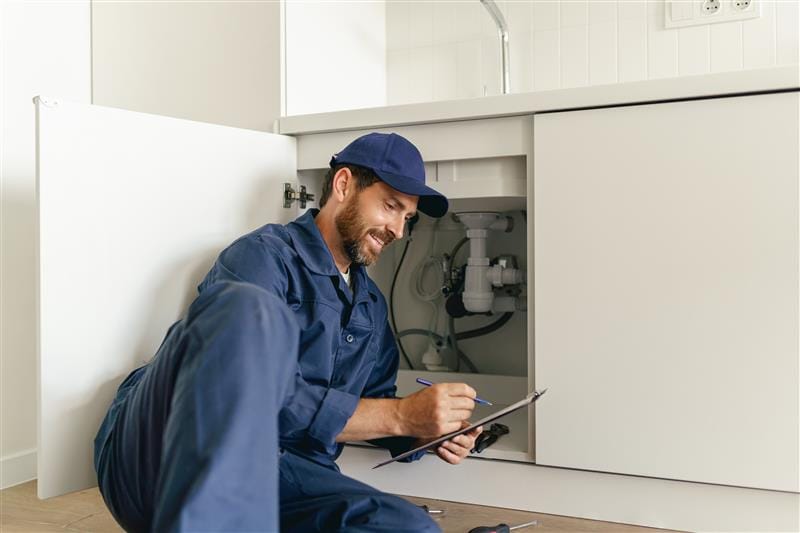 Residential plumber reviewing plumbing repairs in a Murray kitchen
